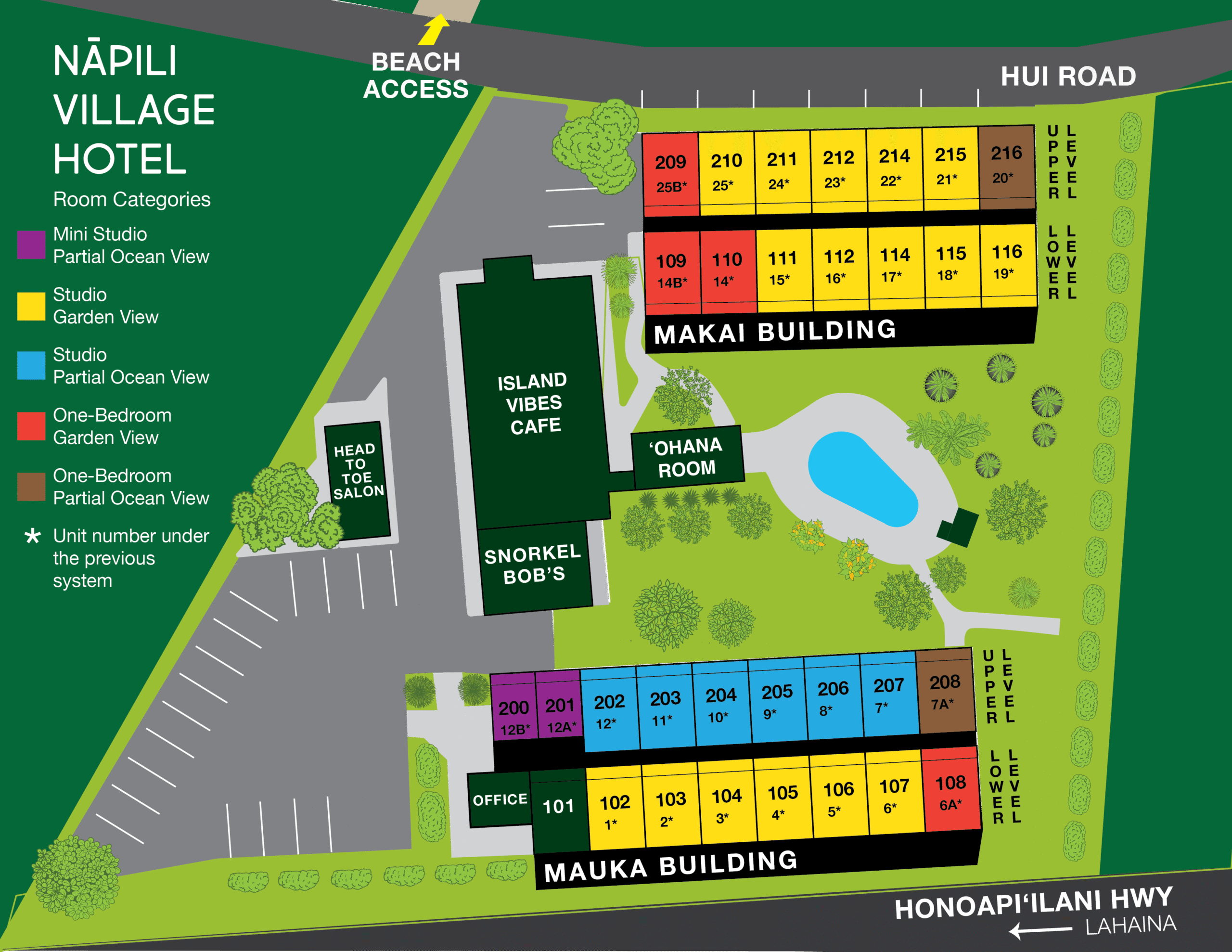 Napili Village Hotel, Map of Nāpili Village Hotel with room numbers, beach access, and Hui Road.