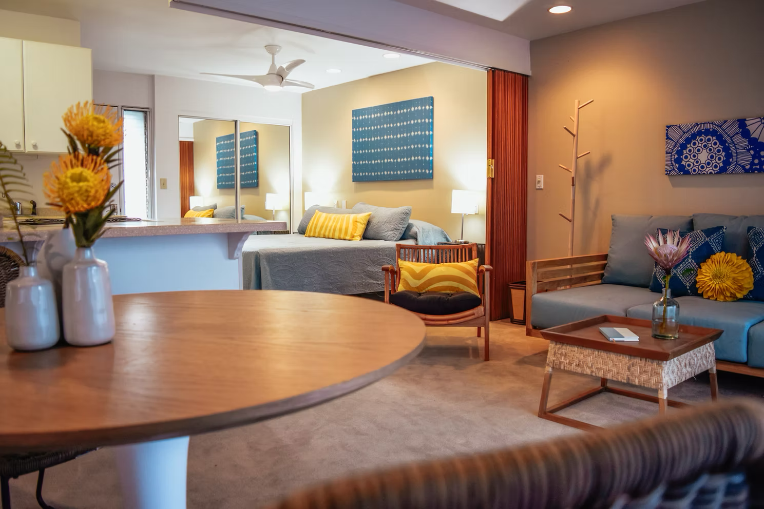 Studio room 6 Napili Village Hotel, Stylish studio apartment interior with a cozy living space and bedroom area. Home decor inspiration.