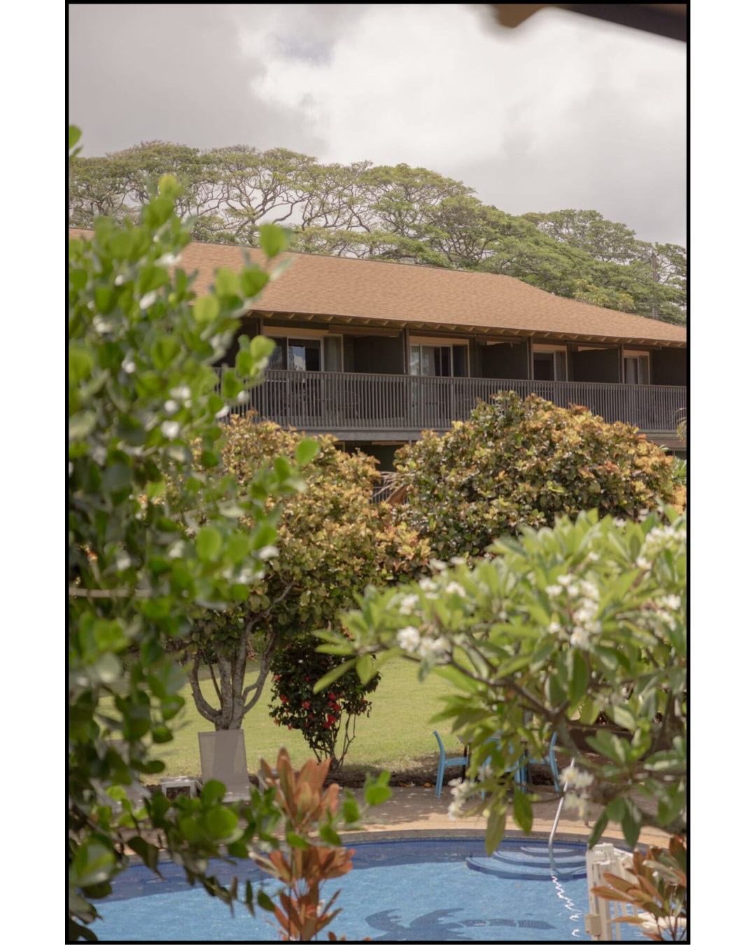 Napili Village Hotel, Two-story building with a brown roof, trees, and a pool