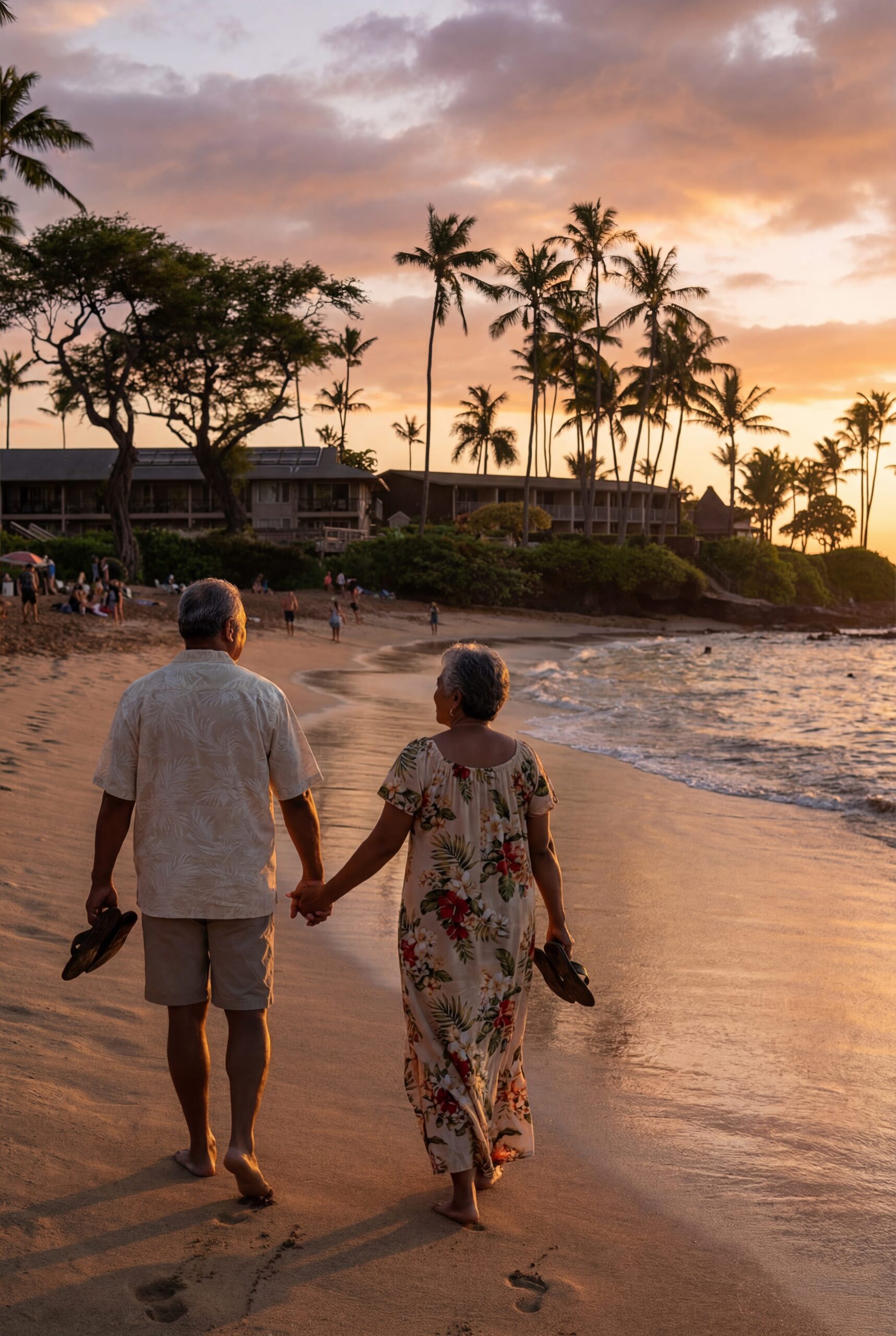 Napili Village Hotel, Couple walking barefoot on beach at sunset, enjoying a winter escape.