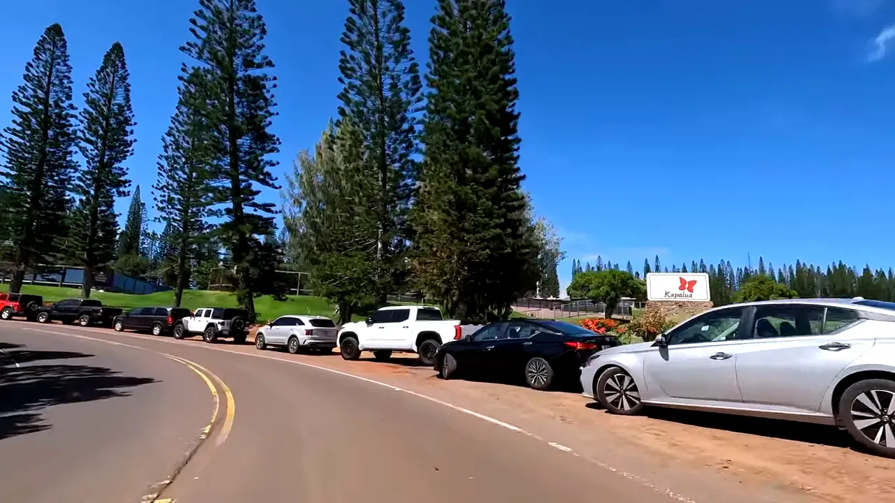 Cars lined up in free street parking near Kapalua Bay with Kapalua sign visible