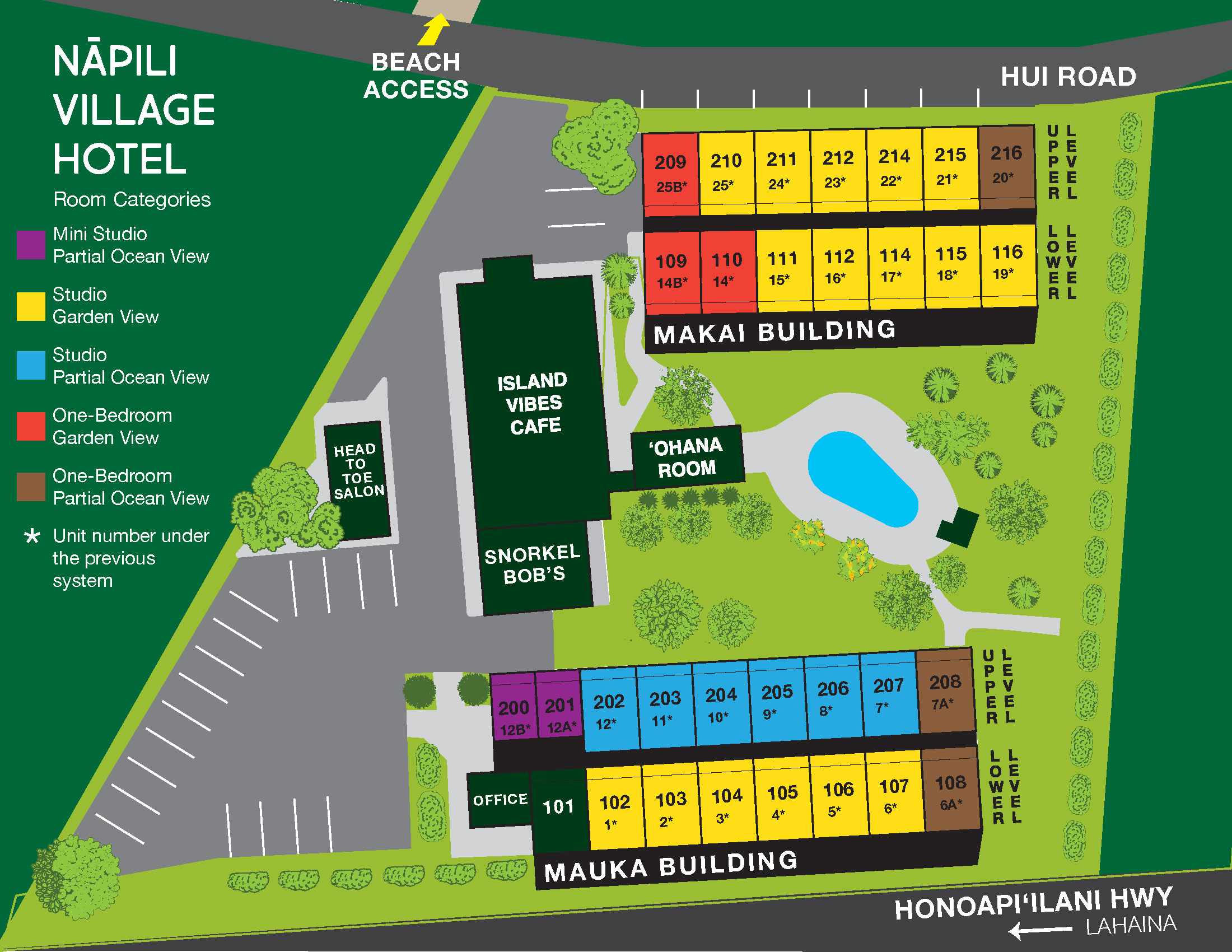 Napili Village Hotel, Nāpili Village Hotel map showcasing room categories, building layouts, and beach access points.