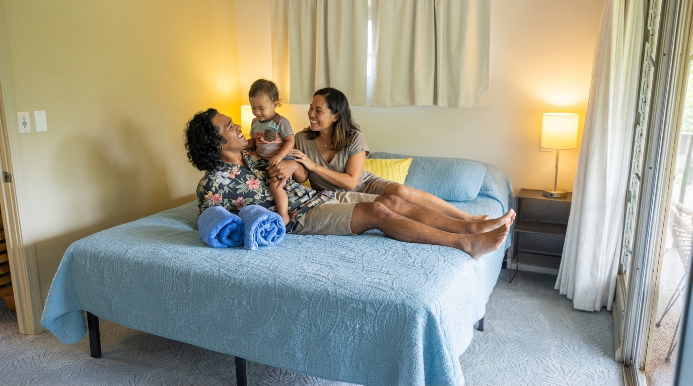 Napili Village Hotel, Happy family with baby on bed, guest experience